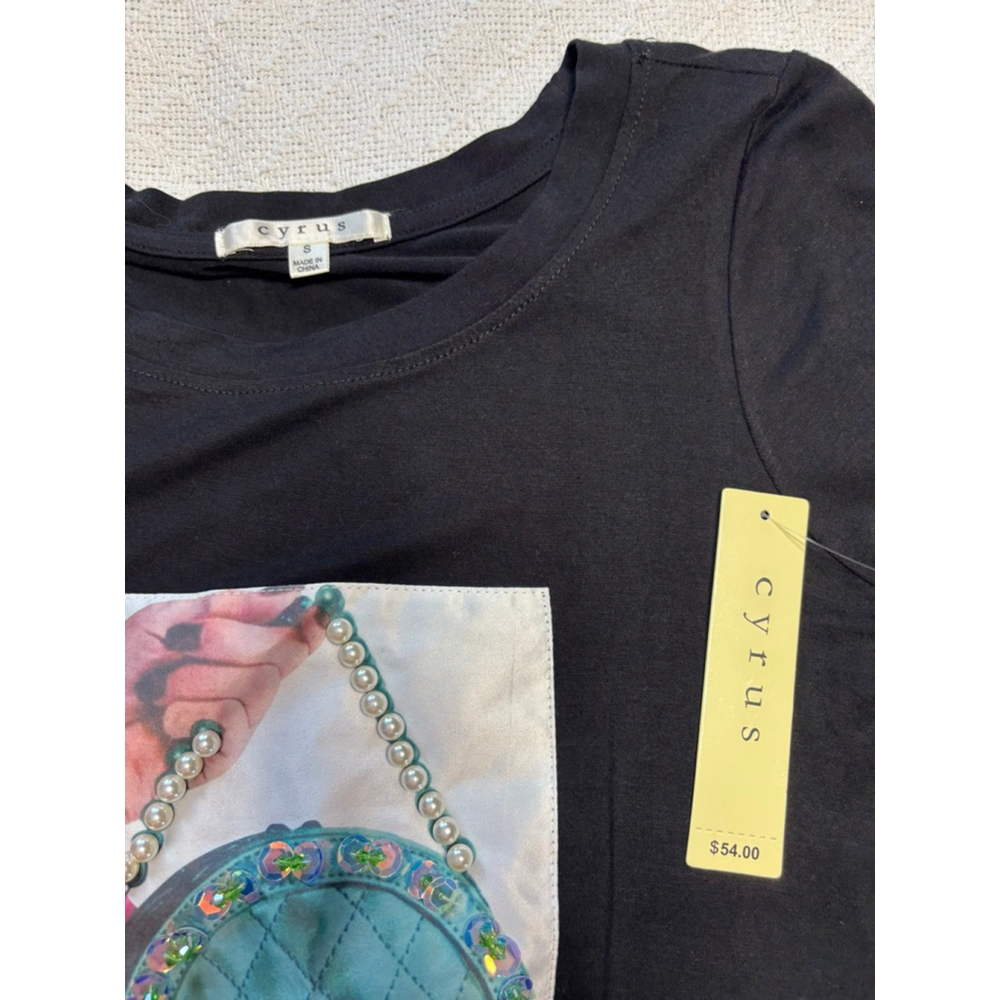 Cyrus Black Paris 3D Paris Graphic T-Shirt w/Pearl Beads Rhinestones Size S - Picture 9 of 10